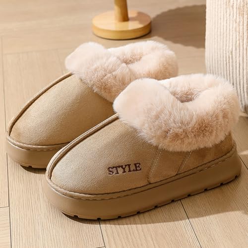 Khaki Ladies Casual Winter Boots Round Toe Closed Heel Thick Sole Warm Fleece Lined Home Shoes additional image 1