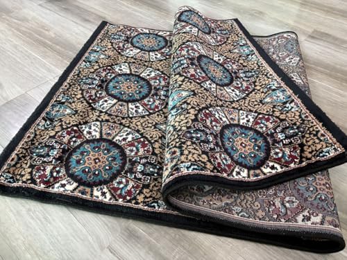 Image of Premium Runner Carpet, Vintage Medallion Pattern, Non Slip, Thick, Ideal for Bedroom, Living Room & Entryway, 3x5 Feet Black Multi Color