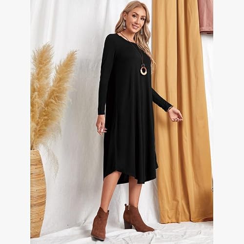 Lounge Dress for Women Long Sleeve Nightgown Midi Long Dress Loose Casual Side Slit Dresses Pocket L Black — view 2