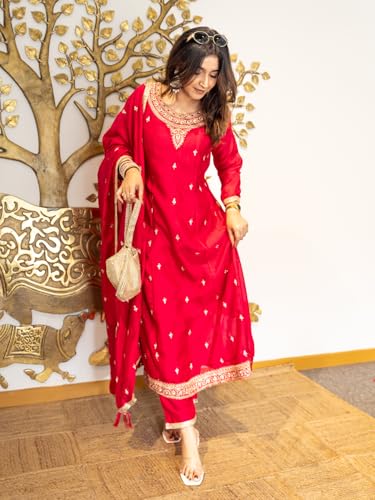 Image of VredeVogel Women's Silk Blend Embroidered Anarkali Kurta with Pant & Dupatta Set | Festive & Casual Women Ethnic Kurta Set for Women