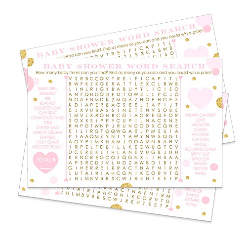 Pink and Gold Baby Shower Game Pack (25 Cards) Word Search - Little Princess Twinkle Star Ideas - Fun Activity for Sprinkle