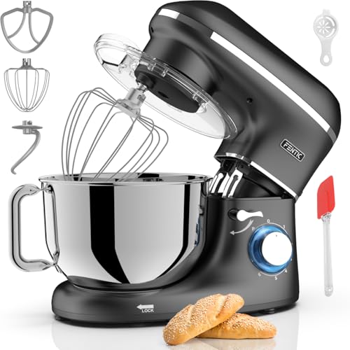 Fentic Robot Pâtissier – 2000W – Bol mélangeur en acier inoxydable (6,2L) – Avec fouet, Crochet pétrisseur et Batteur plat – Incl. et accessoires supplémentaires (Noir)