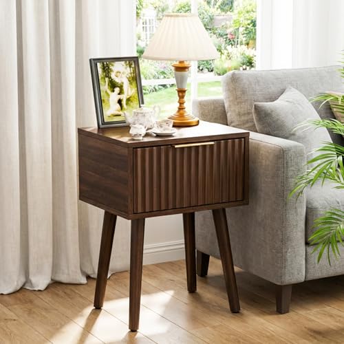 Image of VINGLI Night Stand Set 2, Fluted Nightstands with Drawer, Mid Century Modern Nightstands Set of 2, Bedside Table, End Table, Wood Nightstand for Bedroom, Walnut, 15.75 inch W*11.81 inch D*21.85 inch H