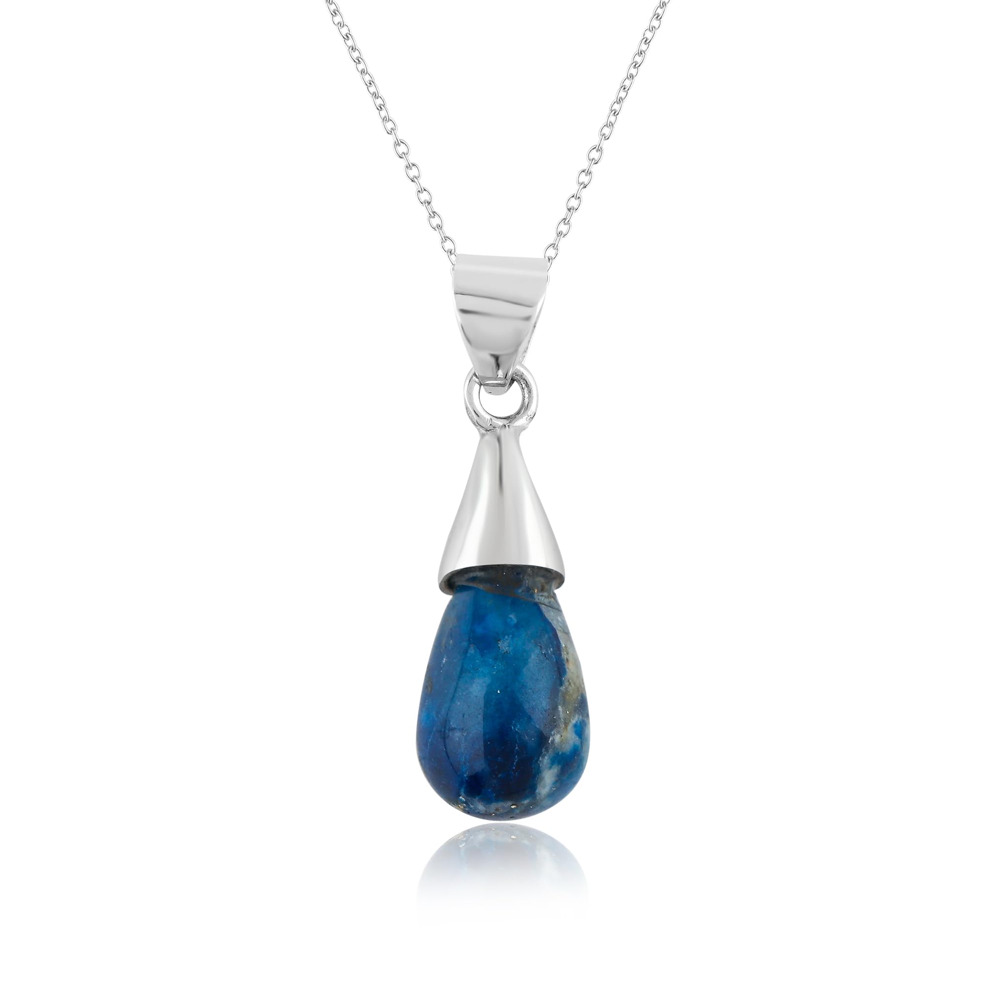CRYSTALISNatural Afghanite Lapis Lazuli Gemstone Tear-drop Pendant Necklace, High Grade Crystal in Bezel, Chakra Healing Stone, Women Gift Jewelry, Dainty 925 Sterling Silver Chain 18 inch