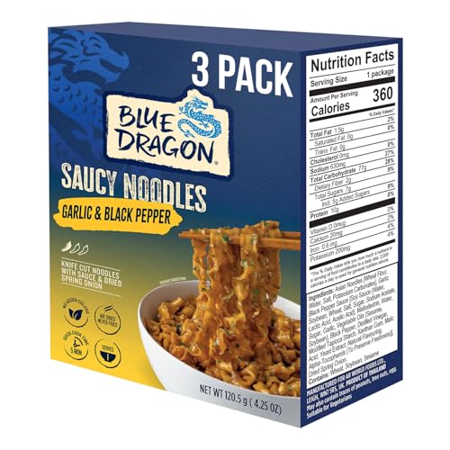 Blue Dragon Garlic & Black Pepper Saucy Noodles - 4.25oz (Pack of 3) - Knife Cut Air Dried Noodles...