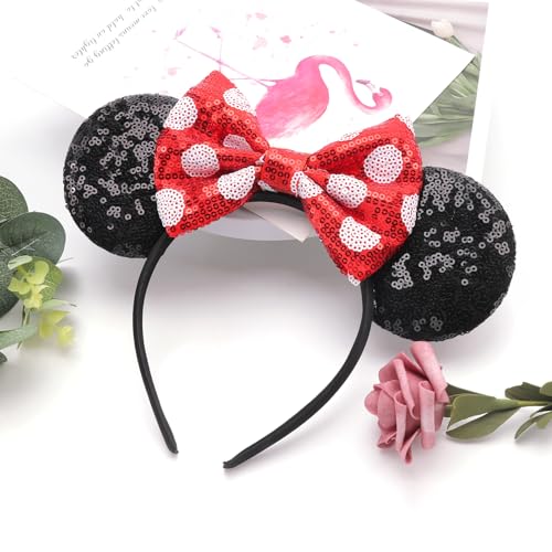 Image of DRESHOW Mouse Ears Bow Headbands Sequin Glitter Hair Band Park Ears Hair Accessories for Women Party Halloween Cosplay Costume