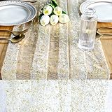 Tischläufer Gold, 75X 300 cm Leichter und fließender Tischläufer Gaze Tüll Glitter GoldfolieTischläufer für Boho Hochzeit, Geburtstagsfeier, Weihnachten, Neujahrsparty Küche Tisch Dekoration
