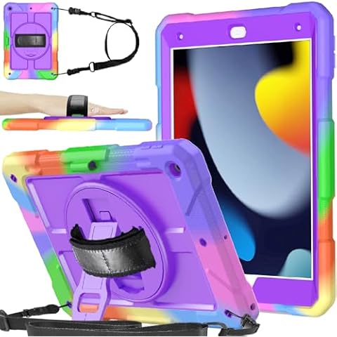 BMOUO Case for iPad 9th Generation Case, iPad 8th/7th Generation Case, iPad 10.2 Case, Shockproof Rotating Stand Hand Strap Kids Case for iPad 10.2" 2021/2020/2019 - Purple Cover
