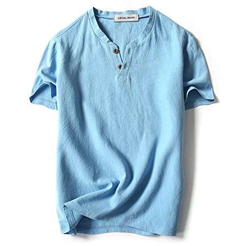 LOCALMODE Men Linen and Cotton V Neck Short Sleeve T Shirts Casual Tee Large Sky Blue