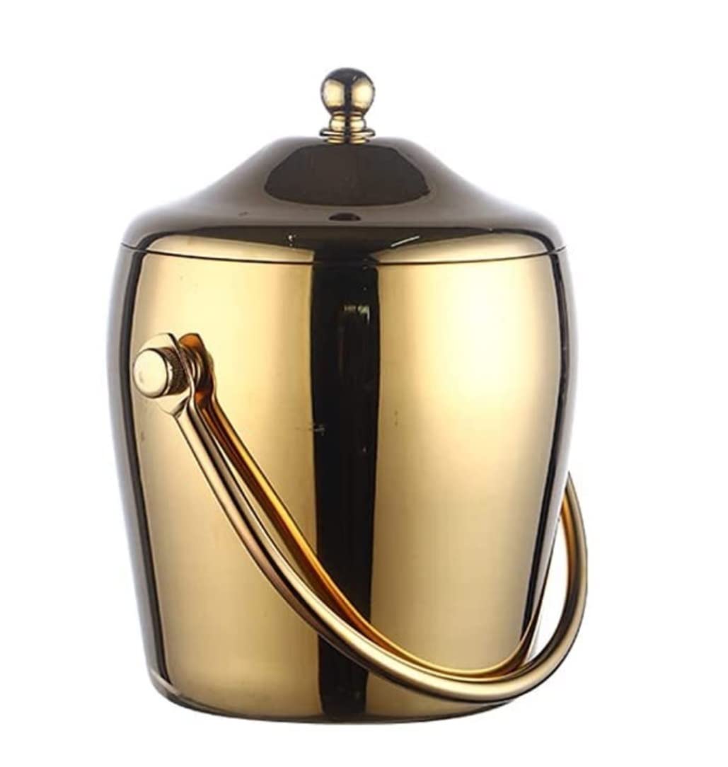 Feste Ed Eventi Secchiello per Il Ghiaccio con Coperchio per Spesso in Acciaio Inossidabile Refrigerato A Doppio Strato per Birra E Vino Famiglie Bar(Gold,2L)