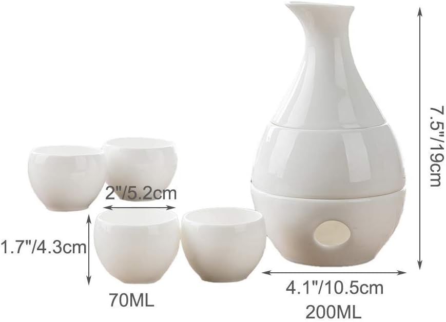 7 Piece Sake Set, White Glazed Ceramic Cups Set with Warmer Pot and Candle Stove, Elegant Crafts Wine Glasses, for Cold/Warm/Shochu/Tea Best Gift-Combination Sets