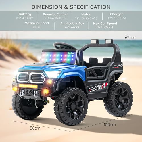 Image of Baybee Trojan Battery Operated Jeep for Kids with RGB Windshield Light, Bluetooth, USB & Music | Baby Big Ride on Battery Car | Electric Jeep Car for Kids to Drive for 2 to 6 Years Boys Girls (Blue)
