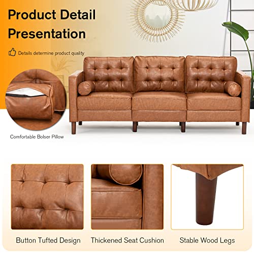 Acmease 84" Premium Faux Leather 3-Seater Sofa With Two Bolster Pillows And Tufted Backrest, Mid-Century Modern Sofa, Luxury Couch For Living Room, Bedroom, Office, Brown #TOP4