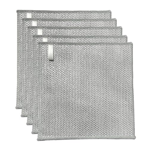 YinQin 5 PCS Triple Layer Stainless Steel Scrubber Wire Cleaning Cloth 20x20 cm Non Scratch Steel Mesh Dishwashing Cloths Multipurpose 3-Layer Metallic Wire Dish Rag Towel for Kitchen Sink Stove Top