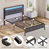 AOGLLATI Polsterbett 140x200 mit Ladestation Bett 140X200 mit LED-Beleuchtung,Bettgestell mit Lattenrost Metallbett Jugendbett mit Kopfteil aus Leinenstoff (140×200cm)