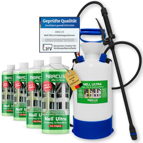 ABACUS® Nell Ultra Grünbelagentferner & Algenentferner Konzentrat, extrem stark! Entfernt Grünbelag & Algen selbsttätig ohne zu Schrubben – Grünbelagentferner 4x1000ml mit Drucksprüher – Set L
