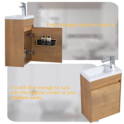 Tona 16” Bathroom Vanity With Sink Combo For Small Space, Modern Design Wall Mounted Vanity Set With Single Door & Invisible Handle, Small Bathroom Sink Cabinet Set (Faucet Not Included) (Wood) #TOP4