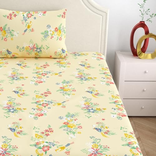 Image of Home Ecstasy 100% Cotton Single Bedsheet with 1 Pillow Cover - (Size 59 x 87 inches, 140 TC, Colour - Beige: Silken Beige)