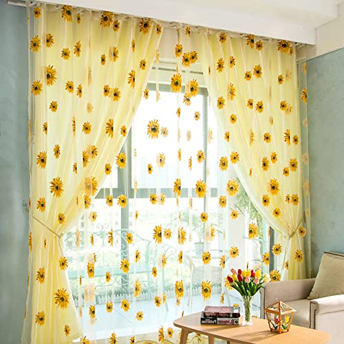 BIGEBO 2PCS Sunflower Curtains with 2 Curtain Tiebacks Rope