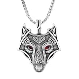 TURTLEDOVE Viking Wolf Head Necklace - Norse Fenrir Pendant of Nordic Scandinavian Amulet (Red Eye Wolf)