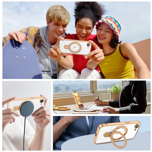 Image of GUAGUA for iPhone 16e Case with Stand, Magnetic Clear iPhone 16e Cases Plating Edge Invisible Ring Holder Slim Shockproof Protective Kickstand Phone Cover for Phone 16e 6.1 inch, Gold