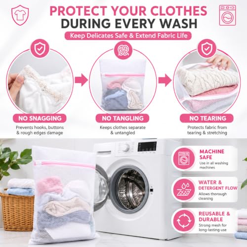 Image of Zollyss Mesh Laundry Bag for Washing Machine, Pack of 3 Wash Bags with Zipper, Reusable Laundry Net Bag for Delicates, Bra, Lingerie, Socks & Baby Clothes, White