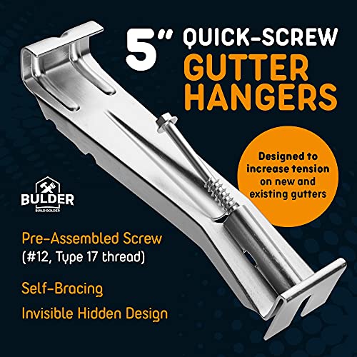 Quick Screw Gutter Hangers 5 Inch- 500 Pack - 5 Inch Gutter Clips with Bonus 6 Inch Drill Bit - Hidden Bracket Clips with Pre-Assembled Screw - Fix Sagging Rain Gutters