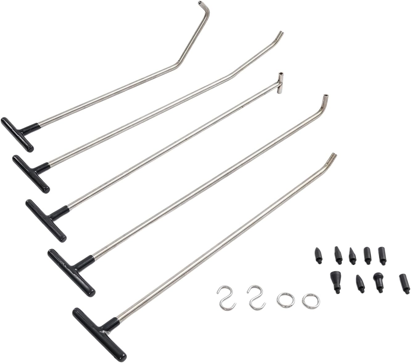 Paintless Dent Repair Kits, 5 Pieces of Dent Removal Rods with 9 Replaceable Taper Heads, Car Auto Body Dent Removal Tools (5pcs Rods, 2 S-Hooks & 2 O-Hooks)