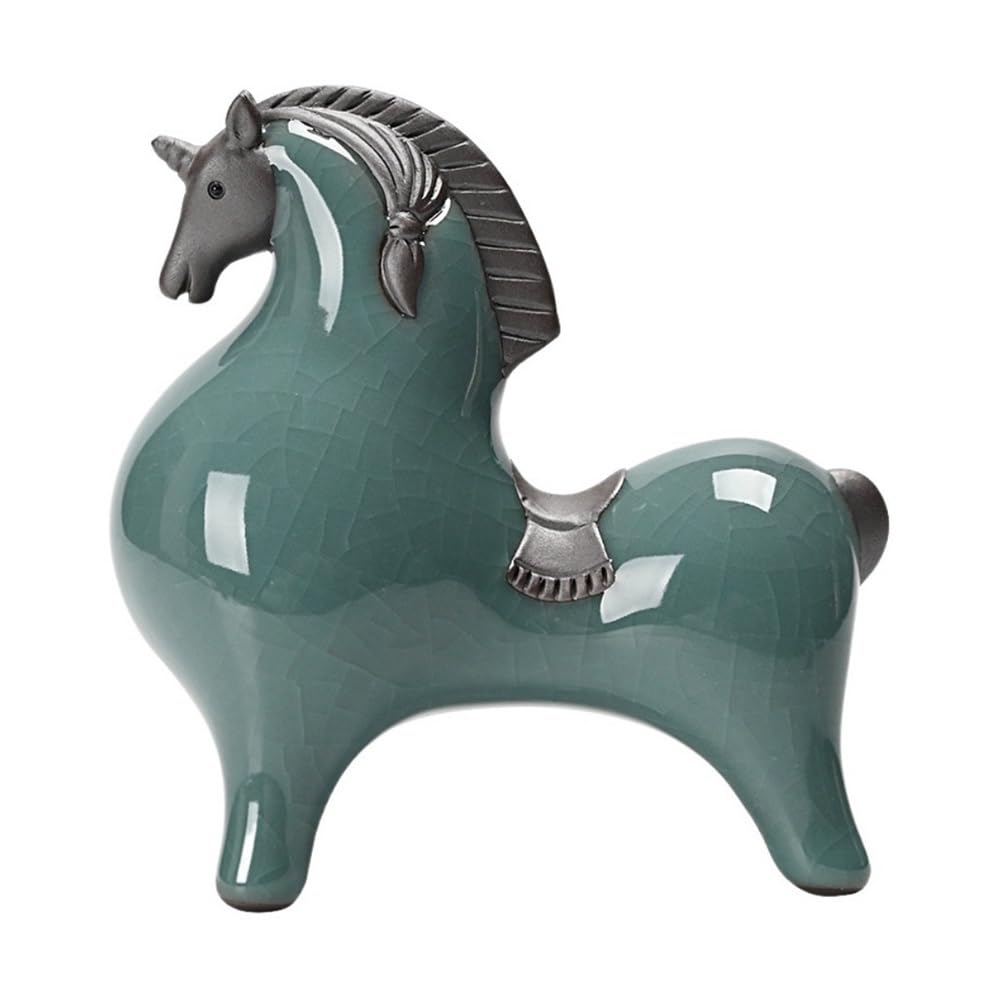 zhuyanbo007 Desk Statue, Ceramic Horse Ornament - Small Zodiac Desk Decor for Good Fortune(Green)