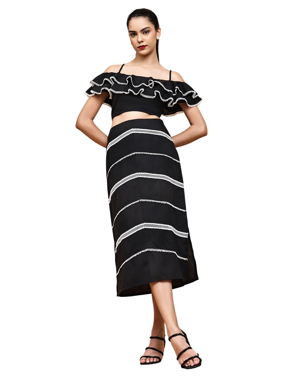 blanc 9 Stylish Womens Linen Blend Ruffles Short Sleeves Off-Shoulder Regular Fit Co-ord Set | Lightweight & Breathable Fabric | Top with Skirt Set-picture-18