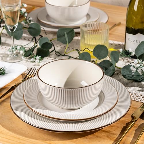 Image of GBHOME Ceramic Dinnerware Sets,18 pcs Embossed Elegant Stoneware Plates and Bowls Sets, Housewarming Wedding Gift | Dishwasher & Microwave Safe | Dishes Set Service for 6