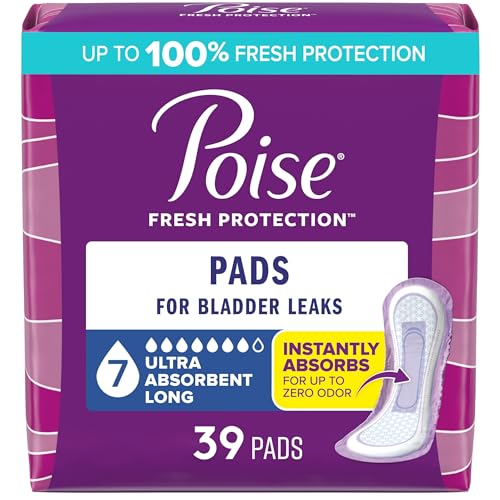 Poise Incontinence & Postpartum Pads for Bladder Leaks, 7 Drop Ultra Absorbency, Long Length, 39 Count, Packaging May Vary