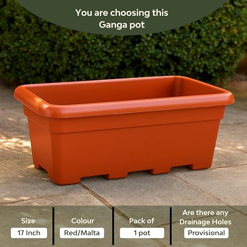 Image of Kraft Seeds 17 inch Pack of 1 Rectangular Planters, Durable UV Treated Balcony planters, Indoor & Outdoor- Flower pots for Balcony,Red Plant Pot with Drainage Holes