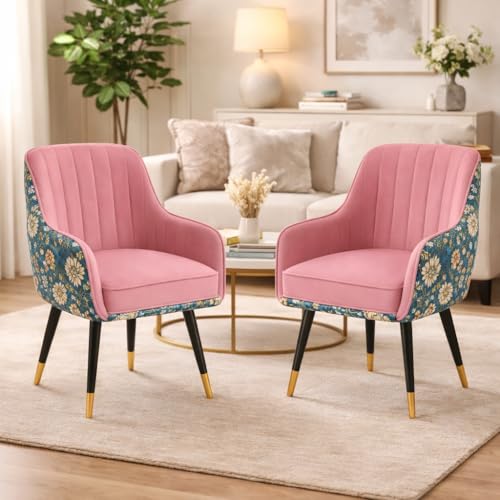 Image of Set of 2 Accent Chair for Living Room | Modern Armchair in Soft Velvet Fabric with Sturdy Legs | Premium Chair for Home Living Room Bedroom Restaurent | (Dual Fabric, Pink)