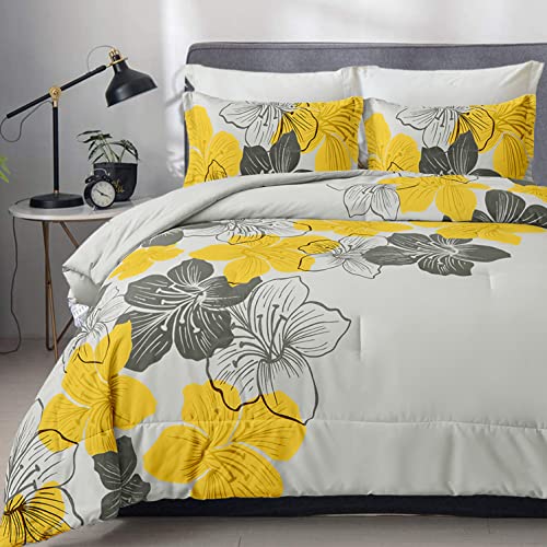 Floral Comforter Set Queen - 3 Piece Yellow Floral Pattern Printed On Grey - Ultra Soft Microfiber Bedding Set Lightweight Boho Bed Comforter Set For All Season (1 Comforter, 2 Pillowcases) #TOP6