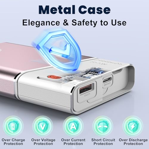 Image of Aaoyun Portable Charger Power Bank, 20000mAh 22.5W PD Fast Charging Powerbank with Built-in USB C Cable, External Phone Battery Pack for iPhone 17 /16 /15 Samsung S24 Android etc, Pink