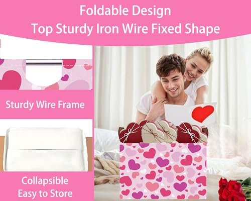 Image of Valentines Day Basket Large Foldable Heart Shaped Storage Box for Gifts Kids Empty Storage Bins Rectangular Toy Organizer Decor (Purple Pink White Love)