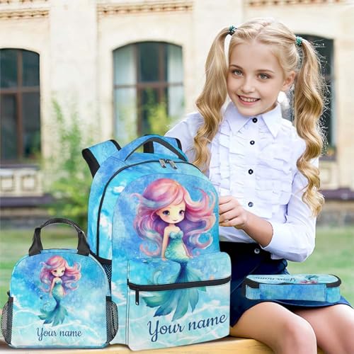 Custom Mermaid Kids Backpack Set, 3 in 1 School Backpacks Matching Combo with Lunch Box, Aesthetic Blue Middle High School Bookbag and Pencil Case Bundle3