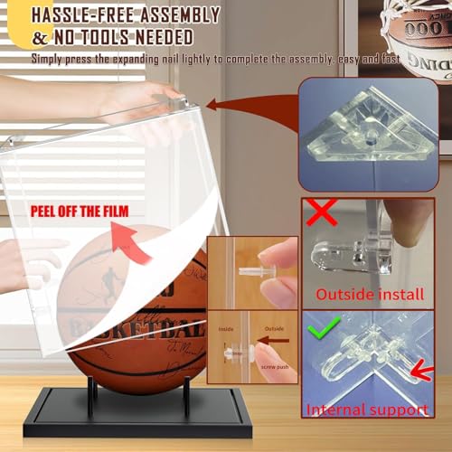 Image of KKU Basketball Display Case, Acrylic Clear Full Size Basketball Case with Solid Wood Base,UV Protected Basketball Display Stand for Autographed Standard NBA WNBA Ball Memorabilia Keepsake, Black