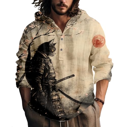 Men's Hooded Long Sleeve Shirt Graphic Button Up Henley Neck Lightweight Hoodie Shirts Casual Pullover