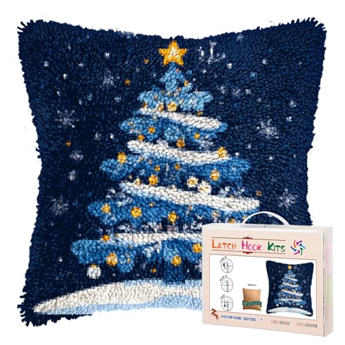 Image of DIY Latch Hook Pillow Kits for Adults Merry Christmas Winter Christmas Tree Pillow Cover Printed Pillowcase Crochet Yarns Hooking Handmade Cushion for Home Sofa Decoration 17x17inch(3)