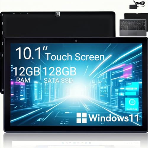 HONGSAMDE Tablet Windows 2025, tablet 2 en 1 de 10.1 pulgadas Windows 11 Pro, 12 GB de RAM 128 GB SSD, CPU Intel Quad-Core 1280 x 800 IPS FHD Touch, con mini HDMI/5GWiFi/Bluetooth/USB 3.0/cámaras