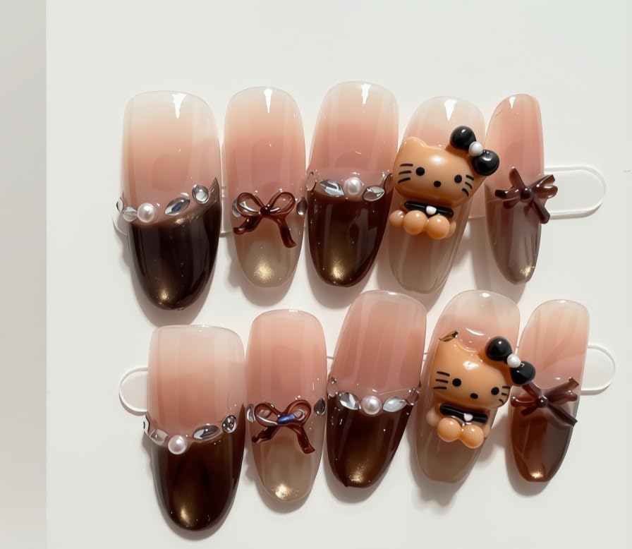 Brown Cat Eye Press on Nails Oval with Kitty & Bows