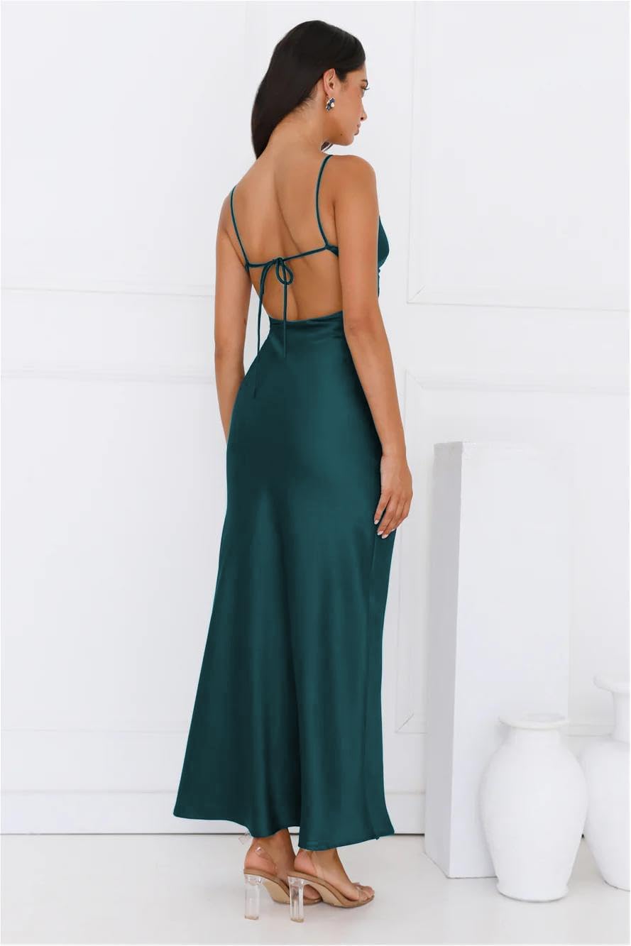 Summer Satin Spaghetti Strap V Neck Maxi Dresses for Women 2026 Backless Silk Wedding Guest Formal Tie Back Cocktail Dress - Image 5