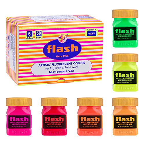 Flash Fluorescent Acrylic Paint Set | 6 Neon Colors | 50 ml, 1.7 fl oz Each | High Pigment Strength | Indoor | Non Toxic | Multi-Surface Paint | Pro Artist, Hobby Painters & Kid | Made in India