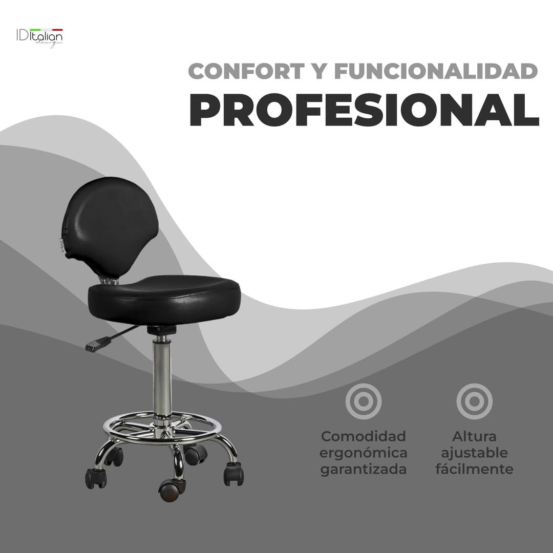 Italian Design - Taburete Ferrara con Respaldo Negro - Ajustable en Altura - Diseño Ergonómico - Tapizado en Cuero Sintético - Base Estable con Ruedas Giratorias - Ideal para Entornos Profe
