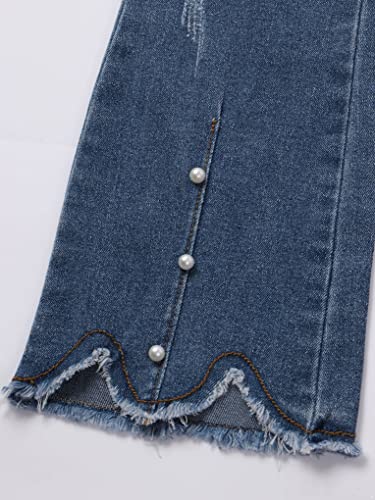 JanJean Kids Girls Elastic Waist Irregular Hem Bell-Bottom Denim Pants Casual Distressed Flare Jeans Casual Wear4