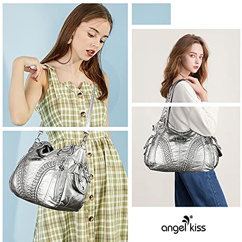 Purses and Handbags Women Fashion Tote Bag Shoulder Bags Top Handle Satchel Purses Washed Synthetic Leather Handbag 1-silver Grey 13.8 * 4.7 * 11.8 inches - Thumbnail 6