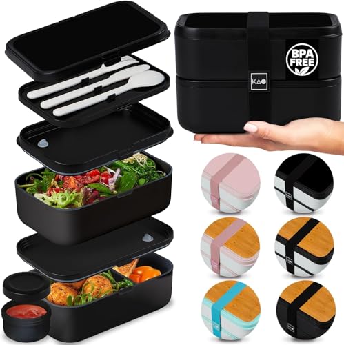 KARRICO Double Premium Bento Box Adult, 67 fl oz BPA-Free - Black Stackable Lunch Box with Leak-Proof Lids & Dividers, Perfect for Meal Prep, Lunches & Portion Control