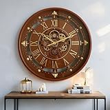 The Gears Clock - Orologio da parete con ingranaggi in movimento reale, linea Belgio, con copertura in vetro, colore: marrone, 66 cm
